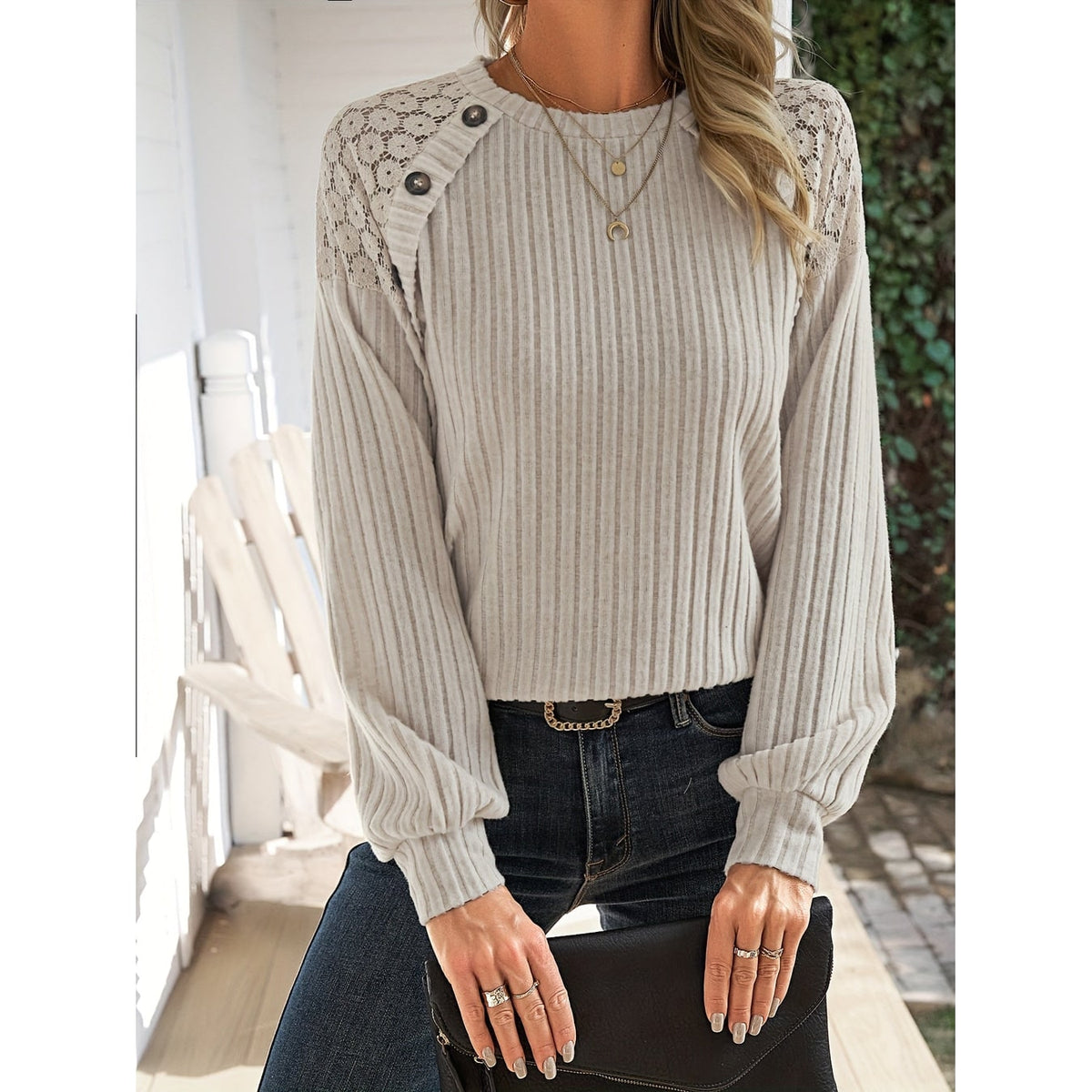 Women's Ribbed Knit Long Sleeve Crop Top with Lace Shoulders - Image 13