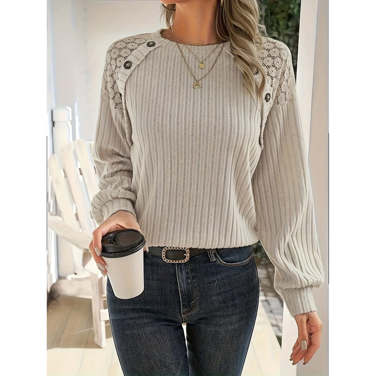 Women's Ribbed Knit Long Sleeve Crop Top with Lace Shoulders - Image 4