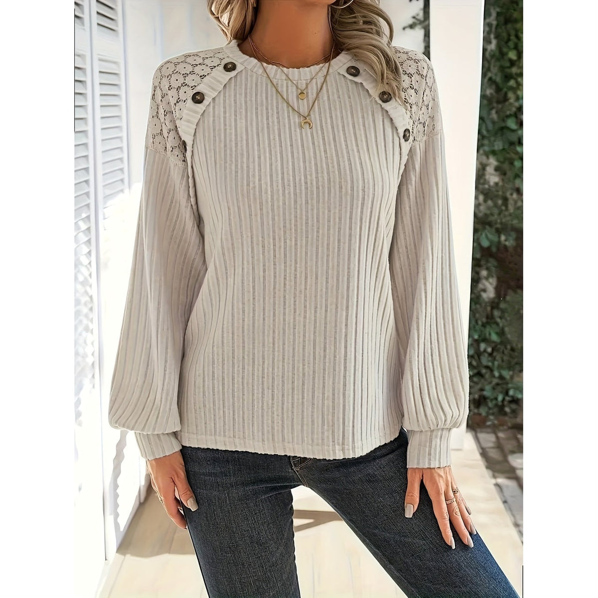 Women's Ribbed Knit Long Sleeve Crop Top with Lace Shoulders - Image 5