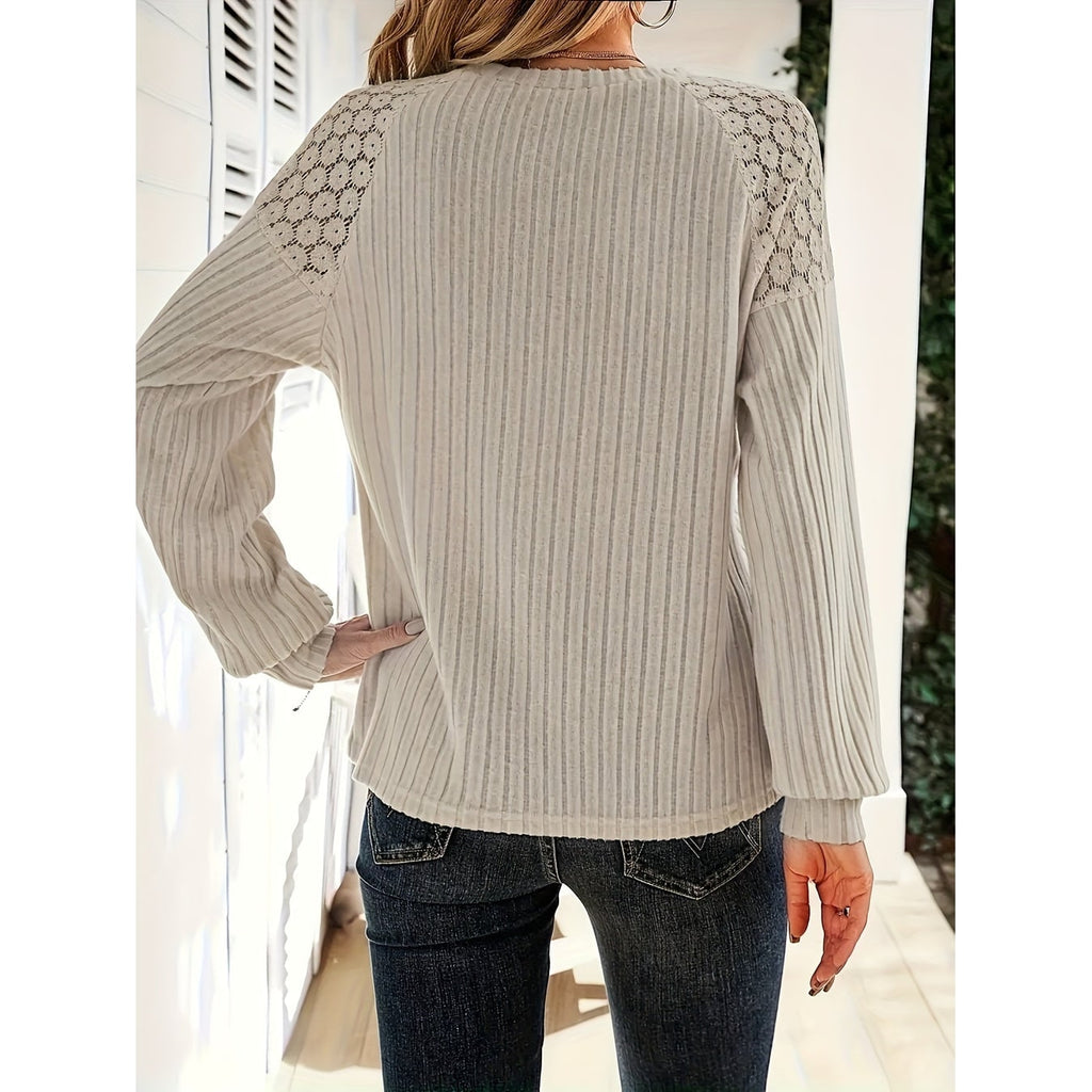 Women's Ribbed Knit Long Sleeve Crop Top with Lace Shoulders - Image 9