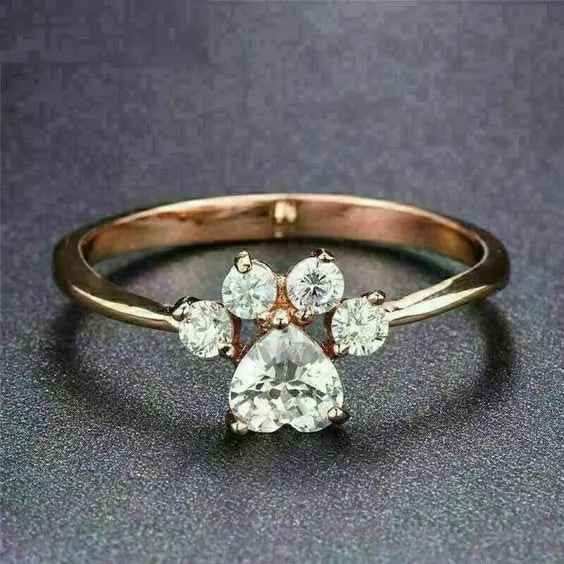 Womens Ring Paw Print Dog Crystal Rose Gold Band Design - Image 1