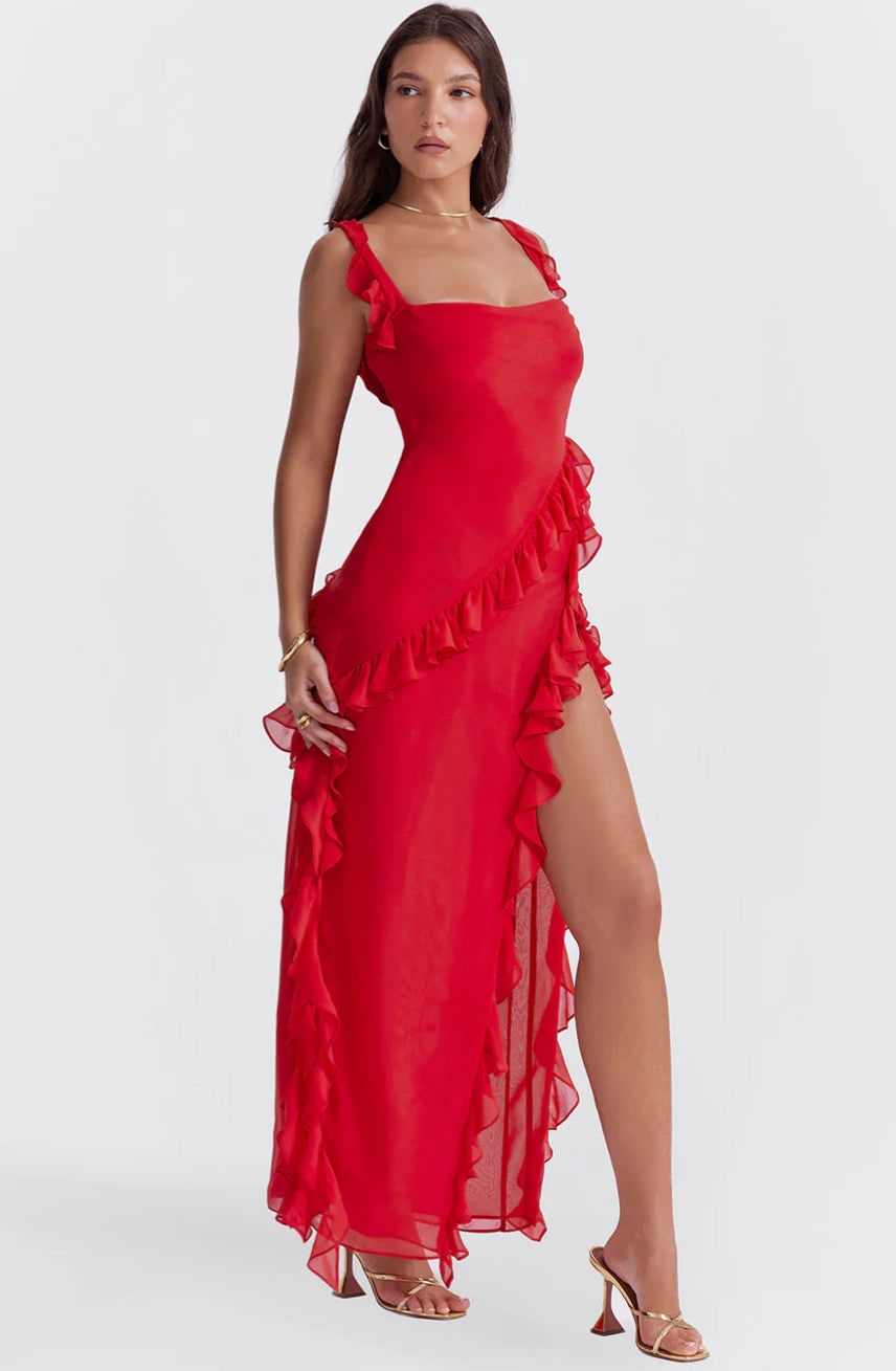 Women's Ruffled Chiffon Maxi Dress Evening Formal | Thigh Slit Backless - Image 1