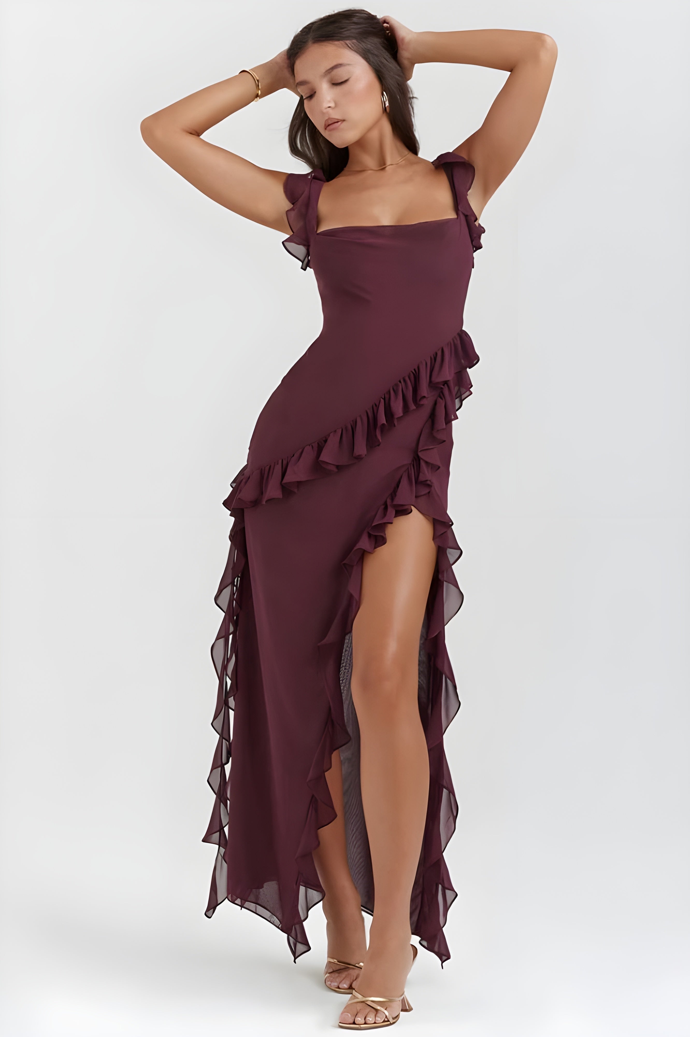 Women's Ruffled Chiffon Maxi Dress Evening Formal | Thigh Slit Backless - Image 10