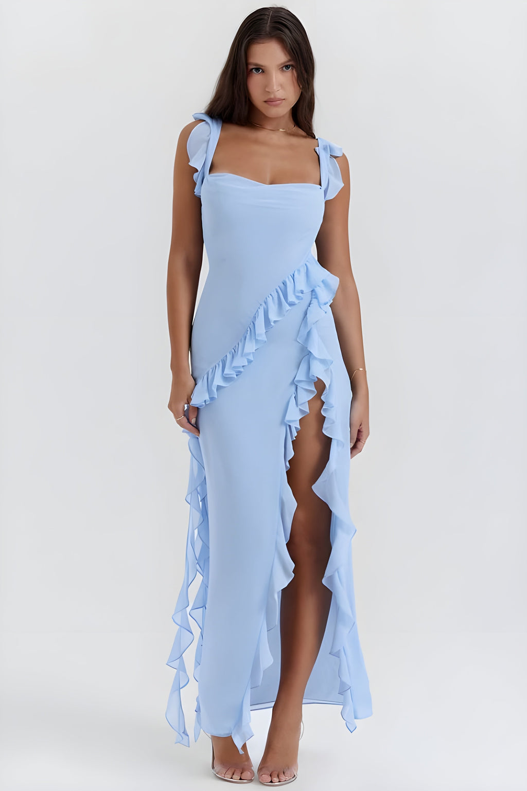 Women's Ruffled Chiffon Maxi Dress Evening Formal | Thigh Slit Backless - Image 11