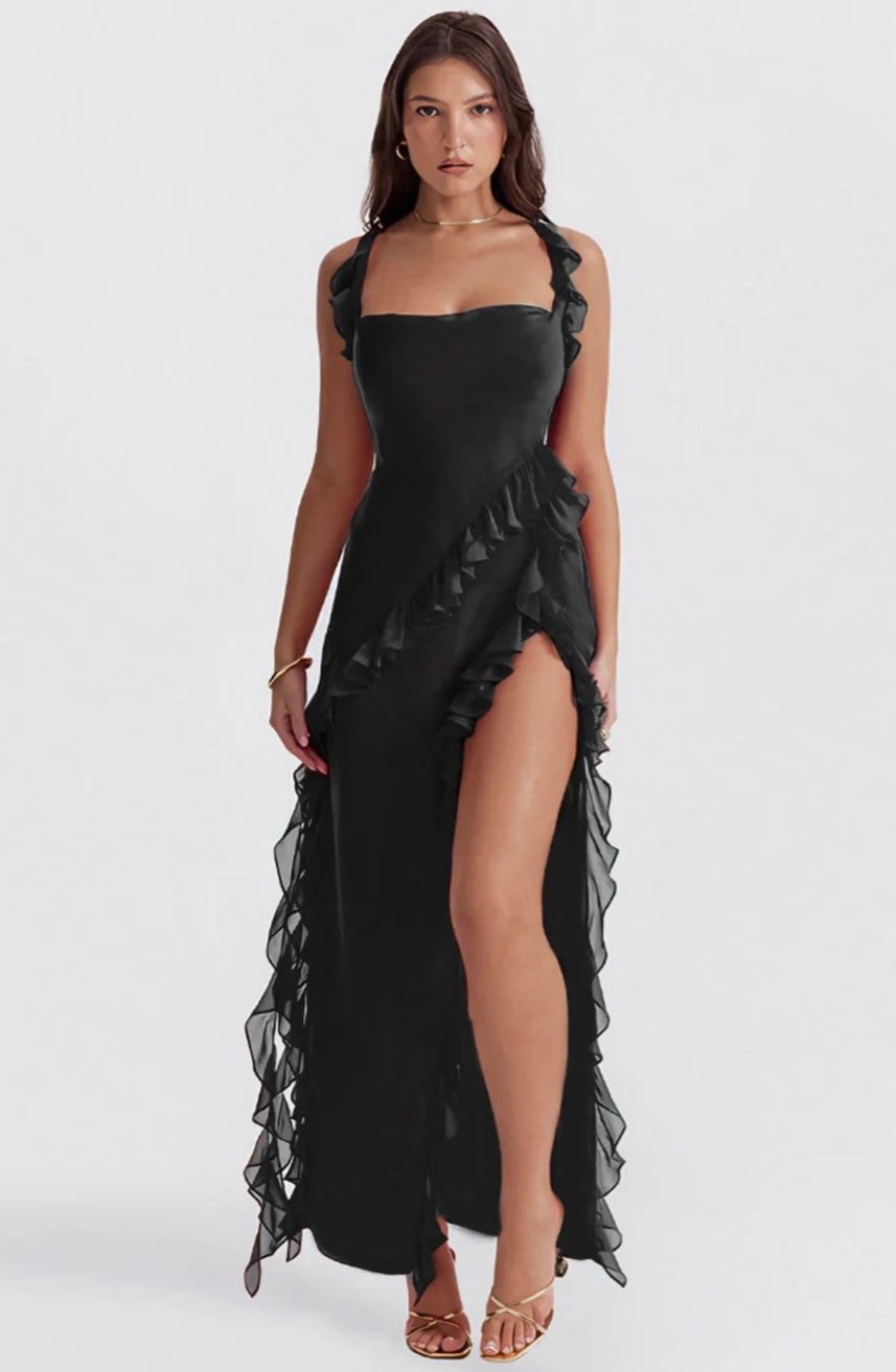 Women's Ruffled Chiffon Maxi Dress Evening Formal | Thigh Slit Backless - Image 12