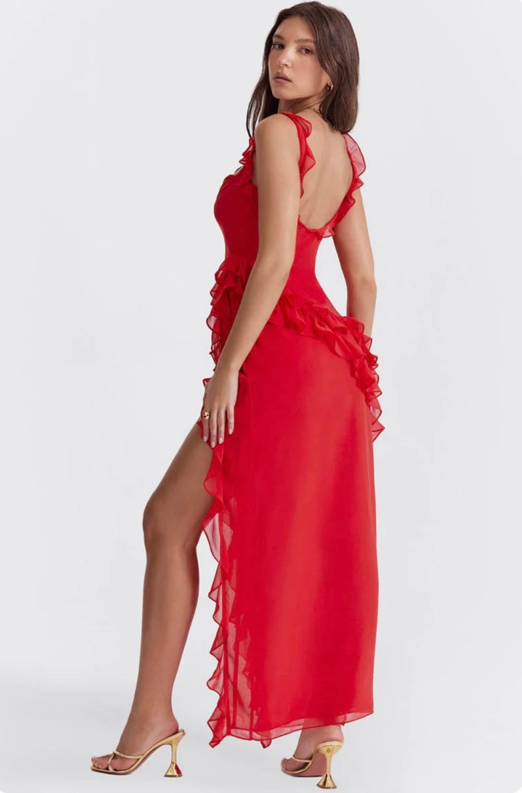 Women's Ruffled Chiffon Maxi Dress Evening Formal | Thigh Slit Backless - Image 2