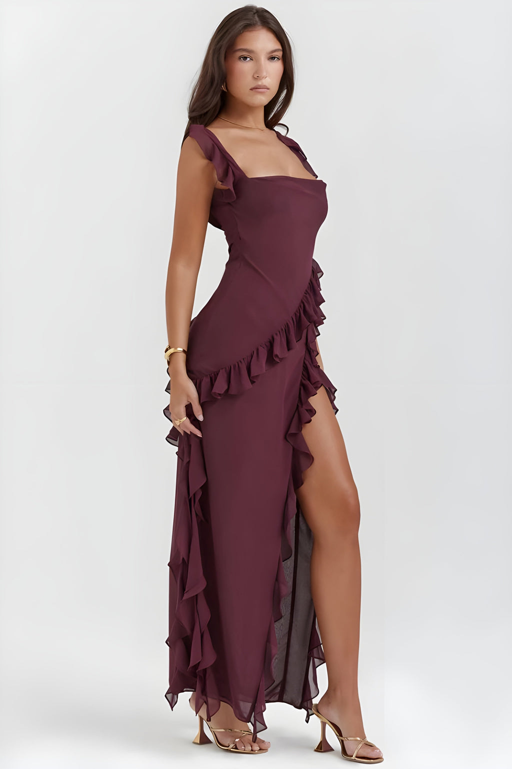 Women's Ruffled Chiffon Maxi Dress Evening Formal | Thigh Slit Backless - Image 3