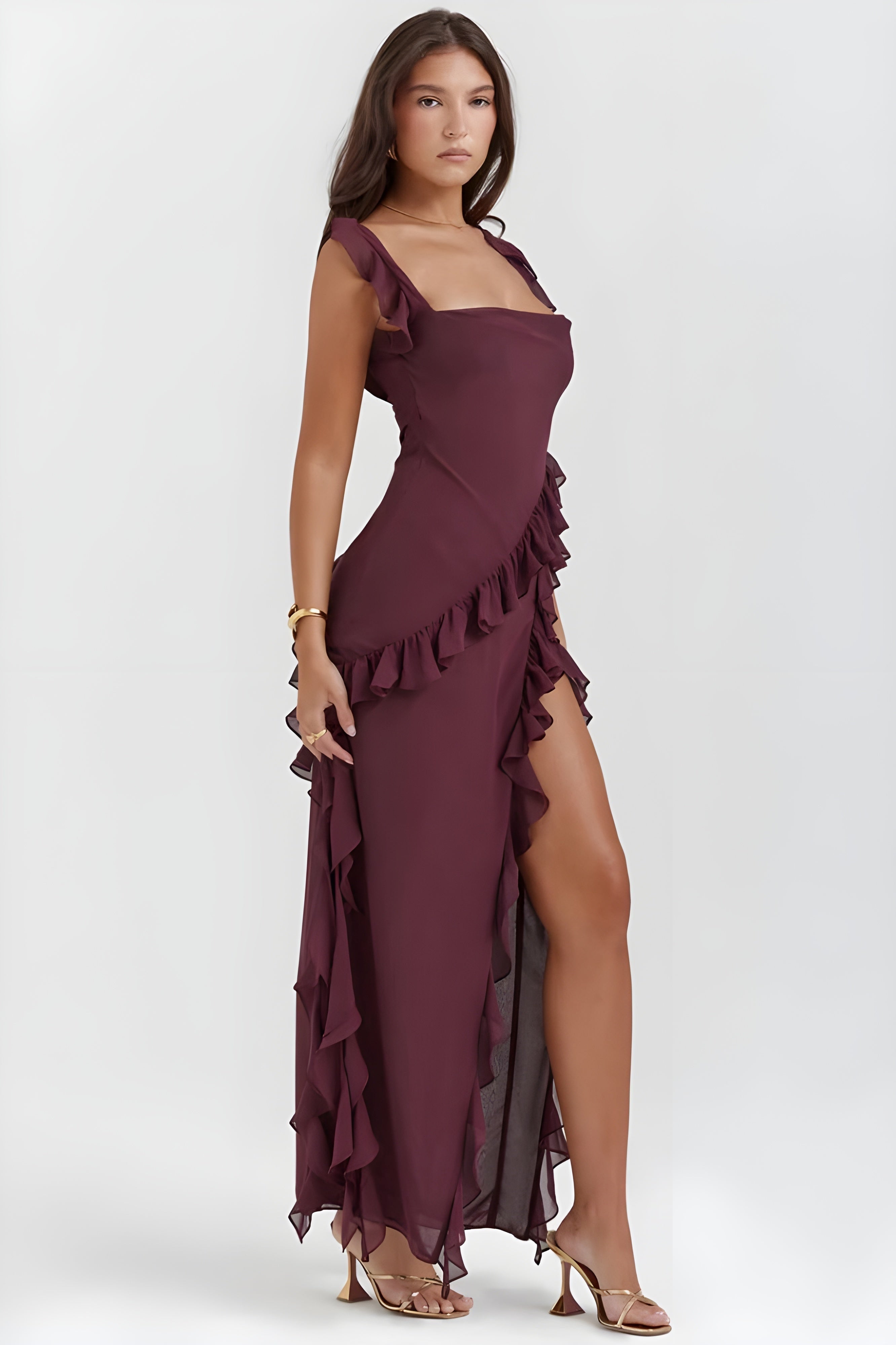 Women's Ruffled Chiffon Maxi Dress Evening Formal | Thigh Slit Backless - Image 3