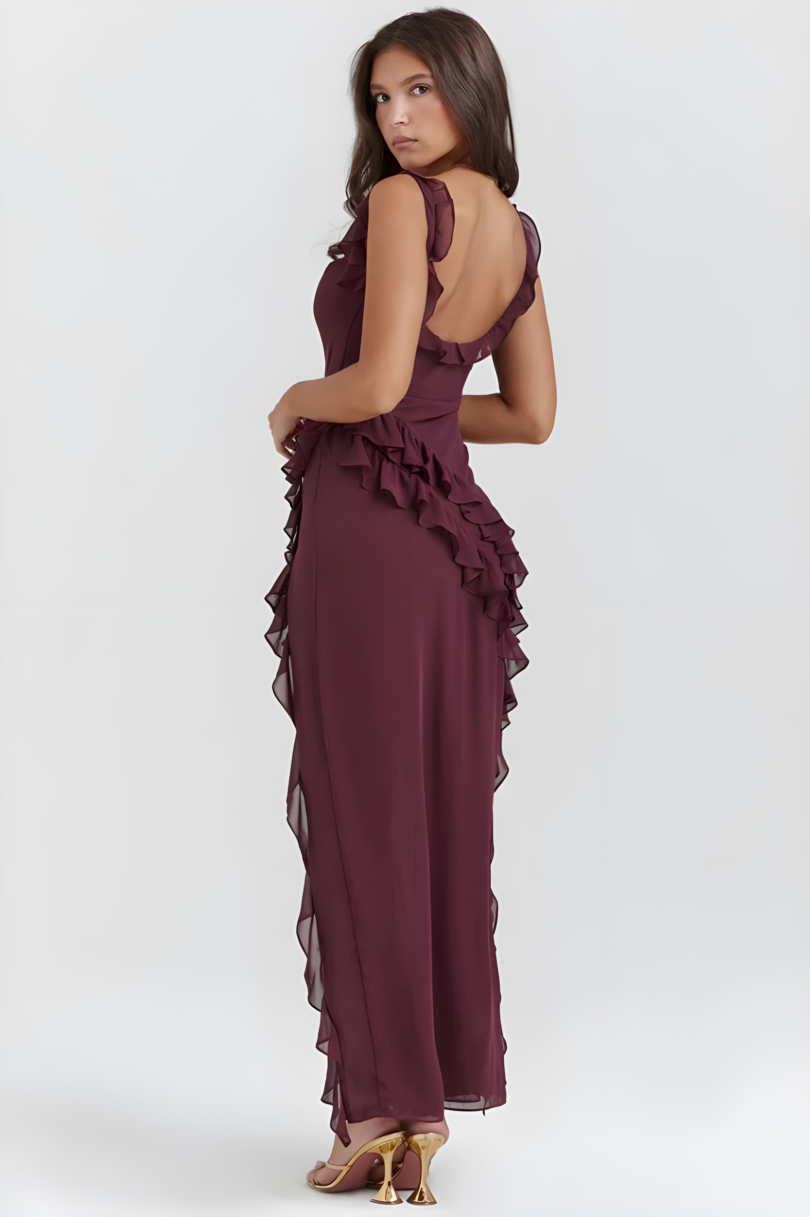 Women's Ruffled Chiffon Maxi Dress Evening Formal | Thigh Slit Backless - Image 4