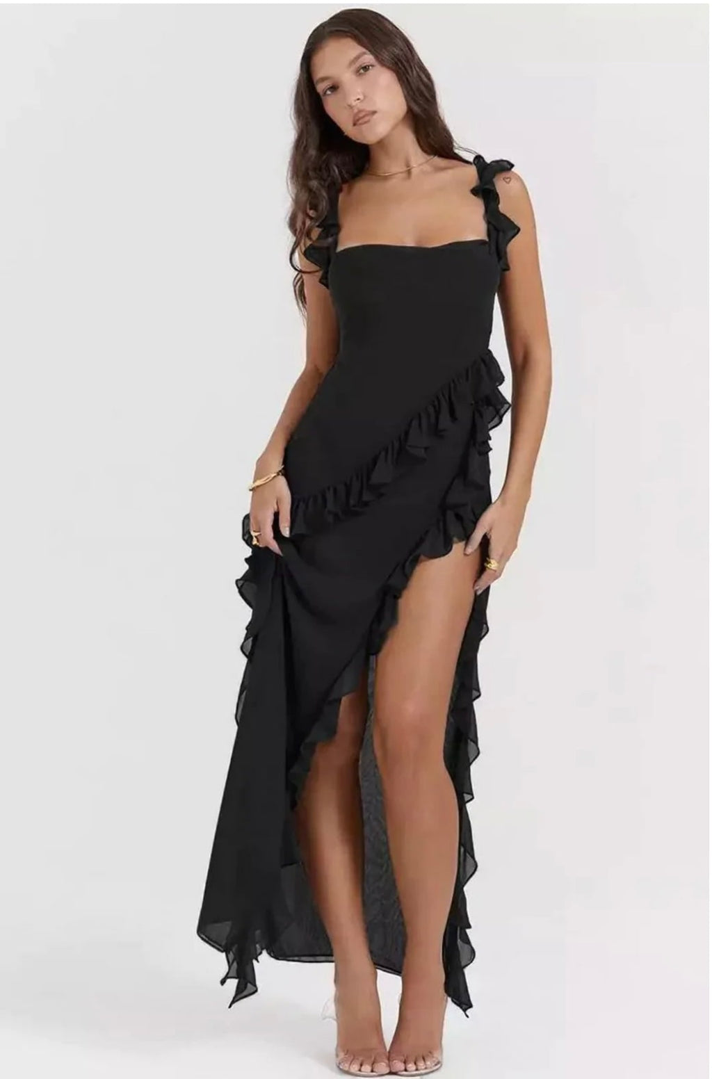 Women's Ruffled Chiffon Maxi Dress Evening Formal | Thigh Slit Backless - Image 8