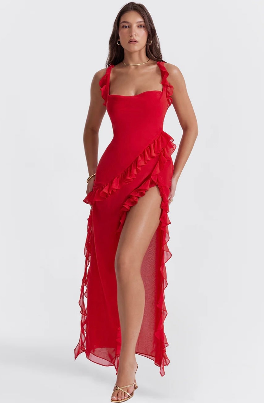 Women's Ruffled Chiffon Maxi Dress Evening Formal | Thigh Slit Backless - Image 9