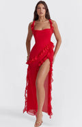 Women's Ruffled Chiffon Maxi Dress Evening Formal | Thigh Slit Backless - Image 9