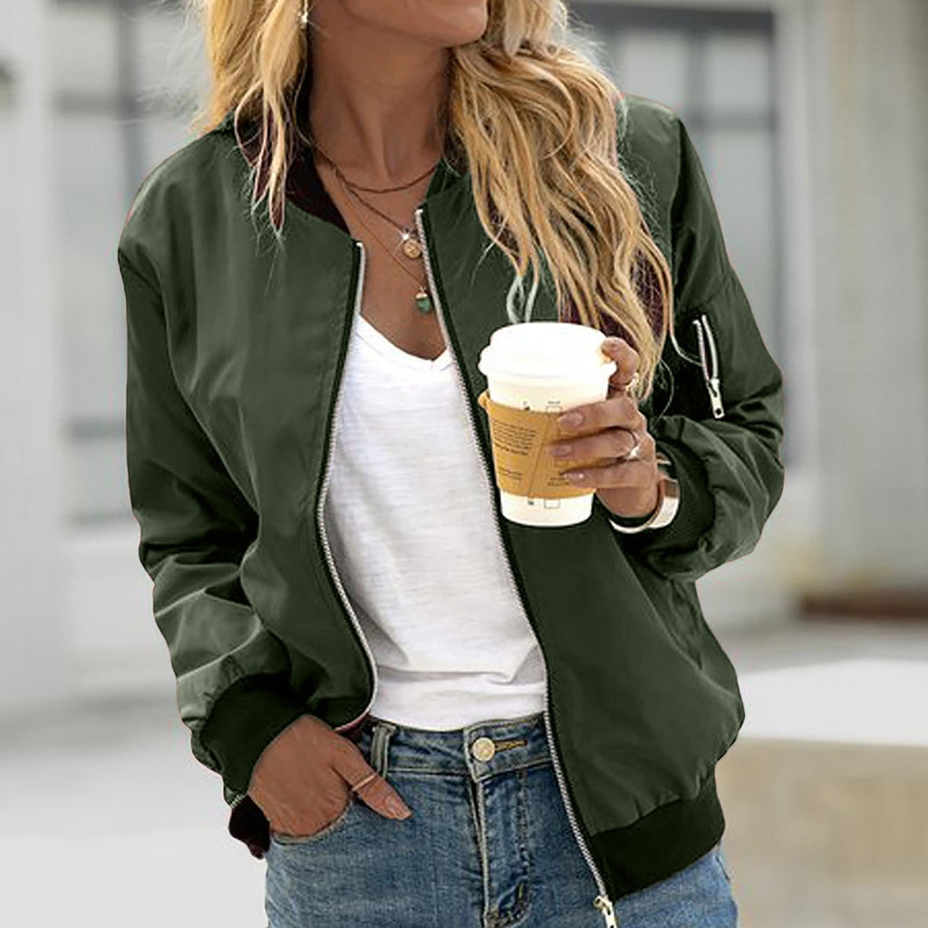 Women's Satin Bomber Jacket with Ribbed Trim and Zippered Sleeve Pocket - Image 4