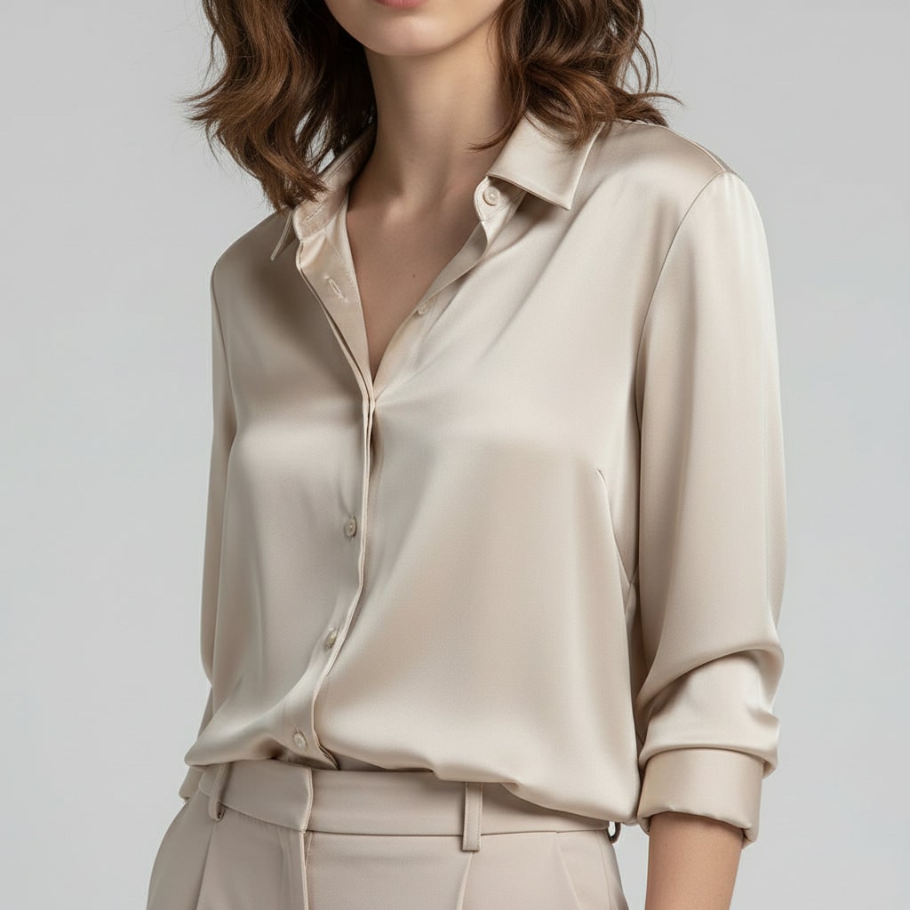 Women's Satin Button Down Blouse with Long Sleeves and Relaxed Fit - Image 1