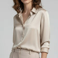 Women's Satin Button Down Blouse with Long Sleeves and Relaxed Fit - Image 1