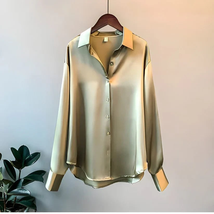 Women's Satin Button Down Blouse with Long Sleeves and Relaxed Fit - Image 2