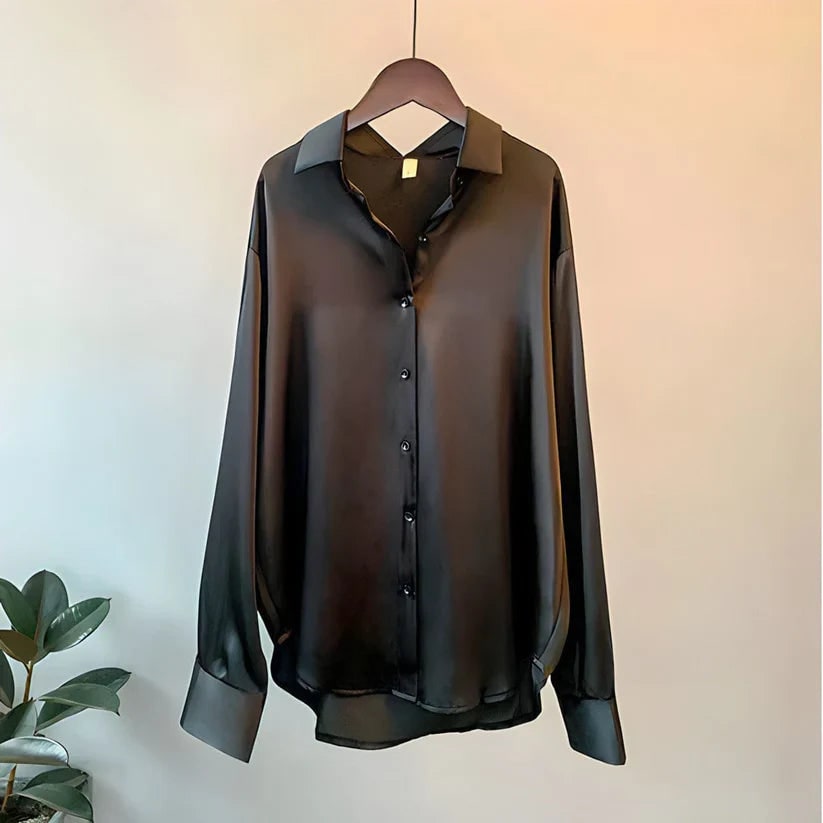 Women's Satin Button Down Blouse with Long Sleeves and Relaxed Fit - Image 3
