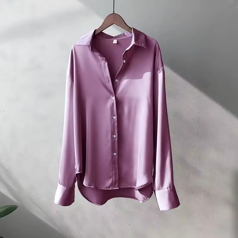 Women's Satin Button Down Blouse with Long Sleeves and Relaxed Fit - Image 5
