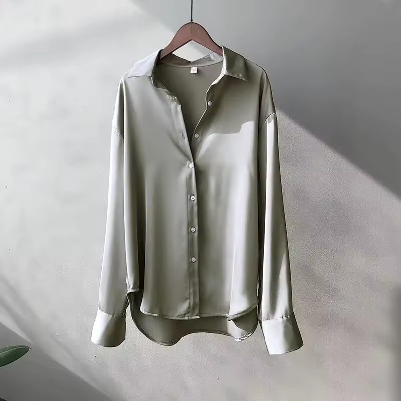 Women's Satin Button Down Blouse with Long Sleeves and Relaxed Fit - Image 6