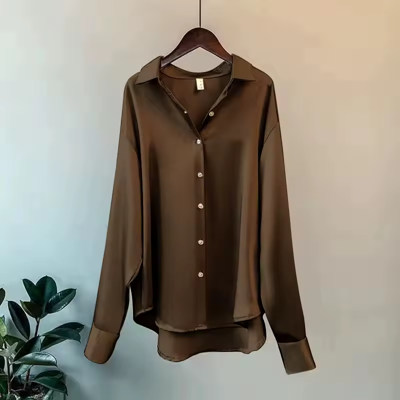 Women's Satin Button Down Blouse with Long Sleeves and Relaxed Fit - Image 7