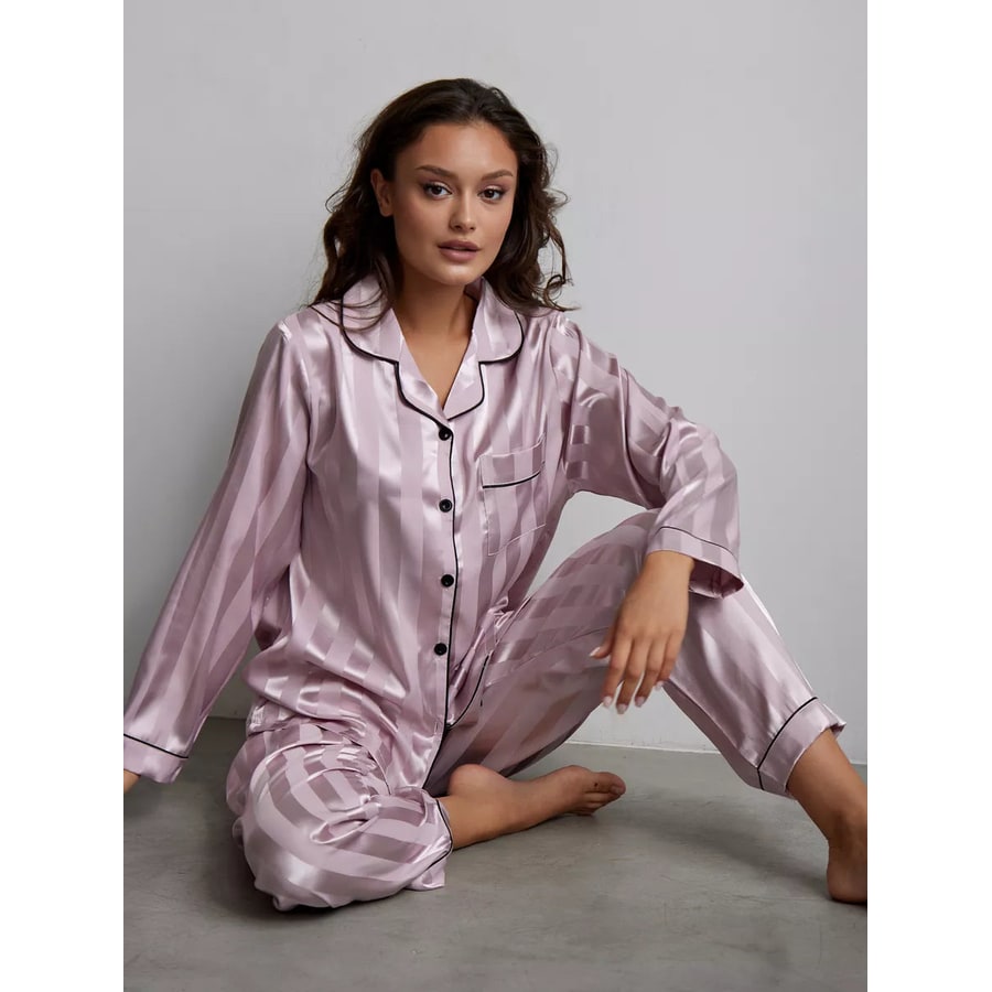 Women's Satin Pajama Set Long Sleeve with Striped Button-Down and Notched Lapel - Image 6
