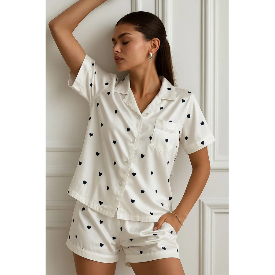Women's Satin Pajama Set with Heart Print and Button-Down Shorts - Image 1