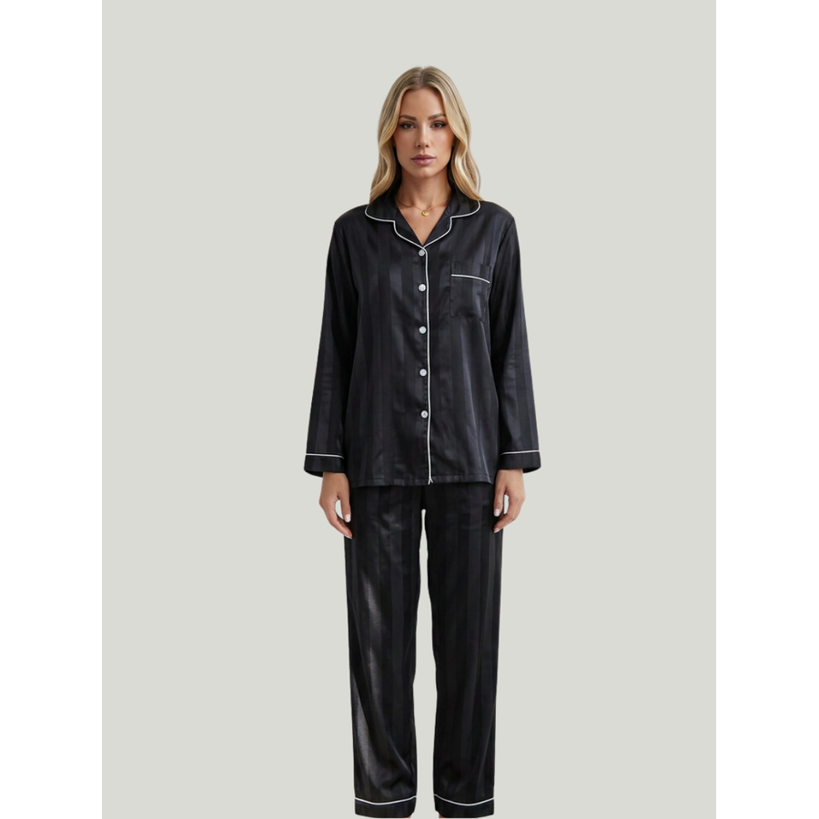 Women's Satin Pajama Set with Striped Long Sleeves and Notched Collar - Image 1