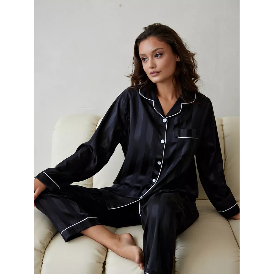 Women's Satin Pajama Set with Striped Long Sleeves and Notched Collar - Image 3