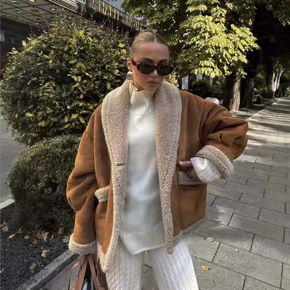 Women's Shearling Fleece Sherpa Lined Jacket with Faux Suede and Shawl Collar - Image 1