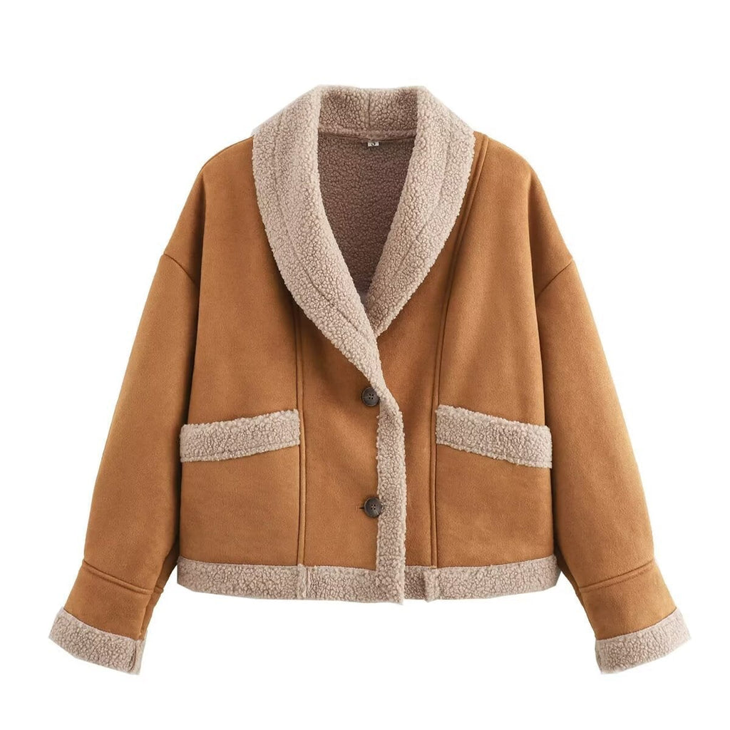 Women's Shearling Fleece Sherpa Lined Jacket with Faux Suede and Shawl Collar - Image 2