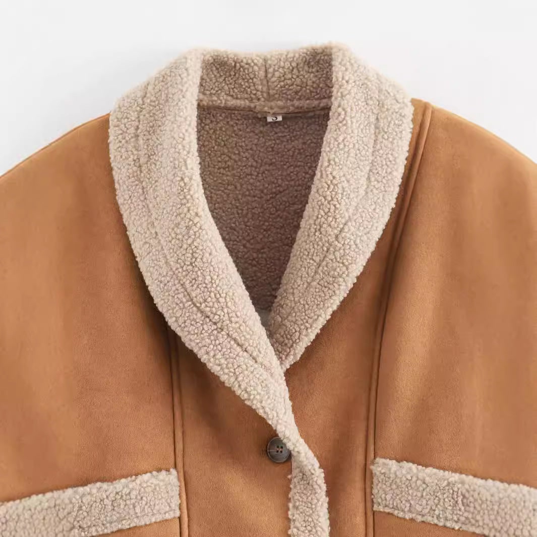 Women's Shearling Fleece Sherpa Lined Jacket with Faux Suede and Shawl Collar - Image 3