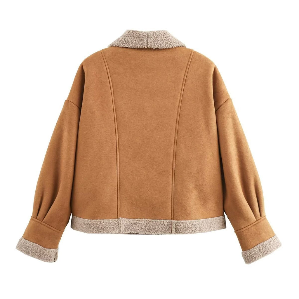Women's Shearling Fleece Sherpa Lined Jacket with Faux Suede and Shawl Collar - Image 4