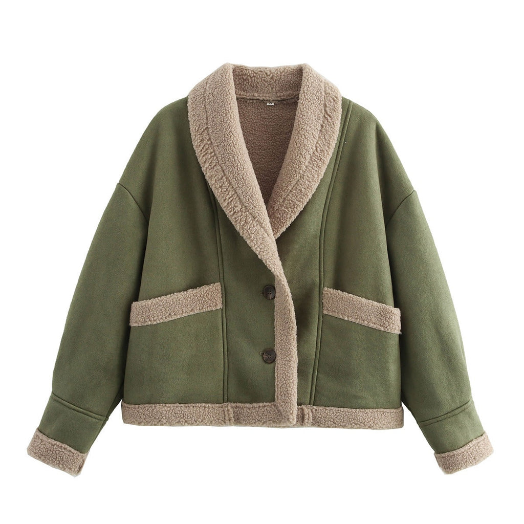Women's Shearling Fleece Sherpa Lined Jacket with Faux Suede and Shawl Collar - Image 8
