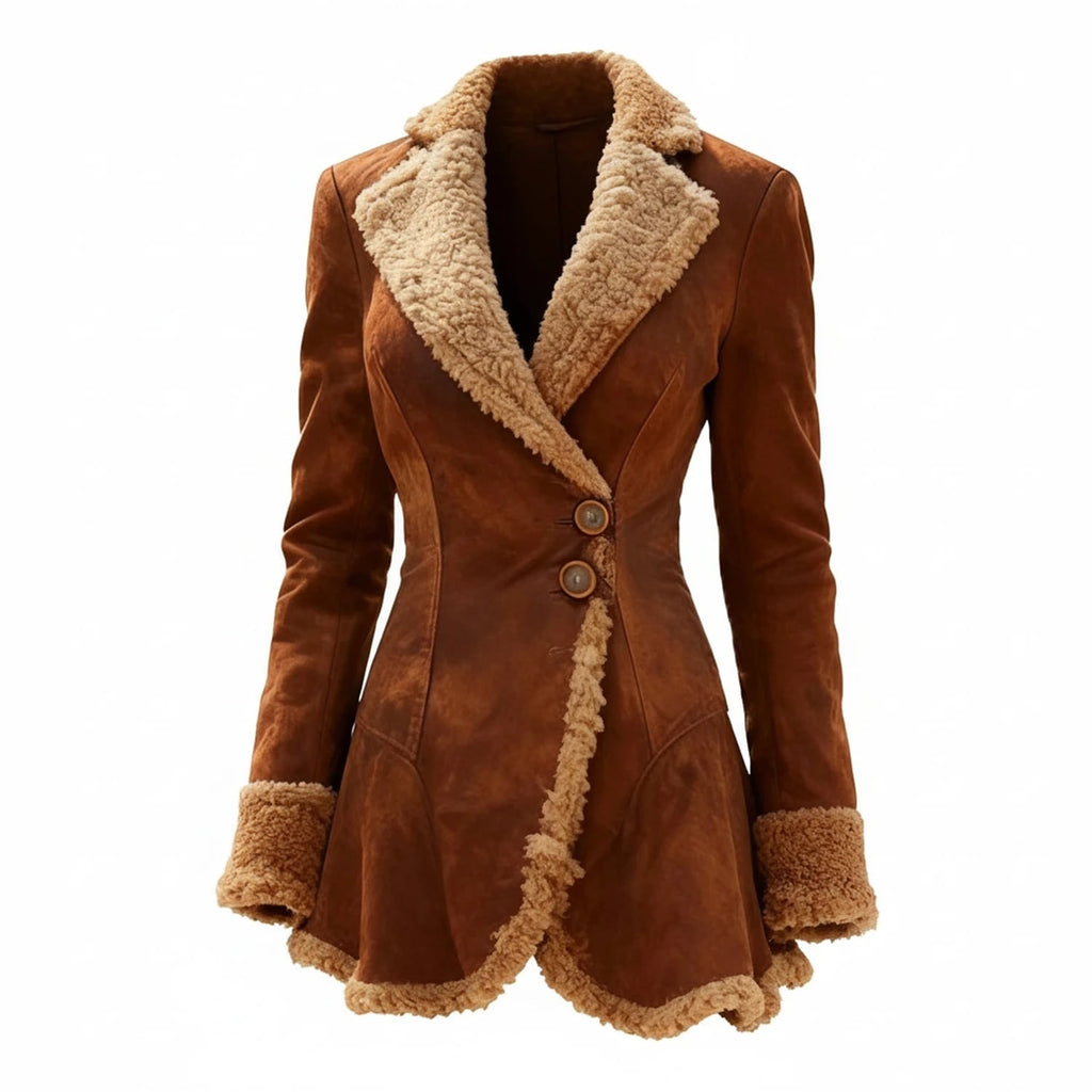 Women's Shearling Jacket with Faux Suede and Fur Trim Winter Coat - Image 1