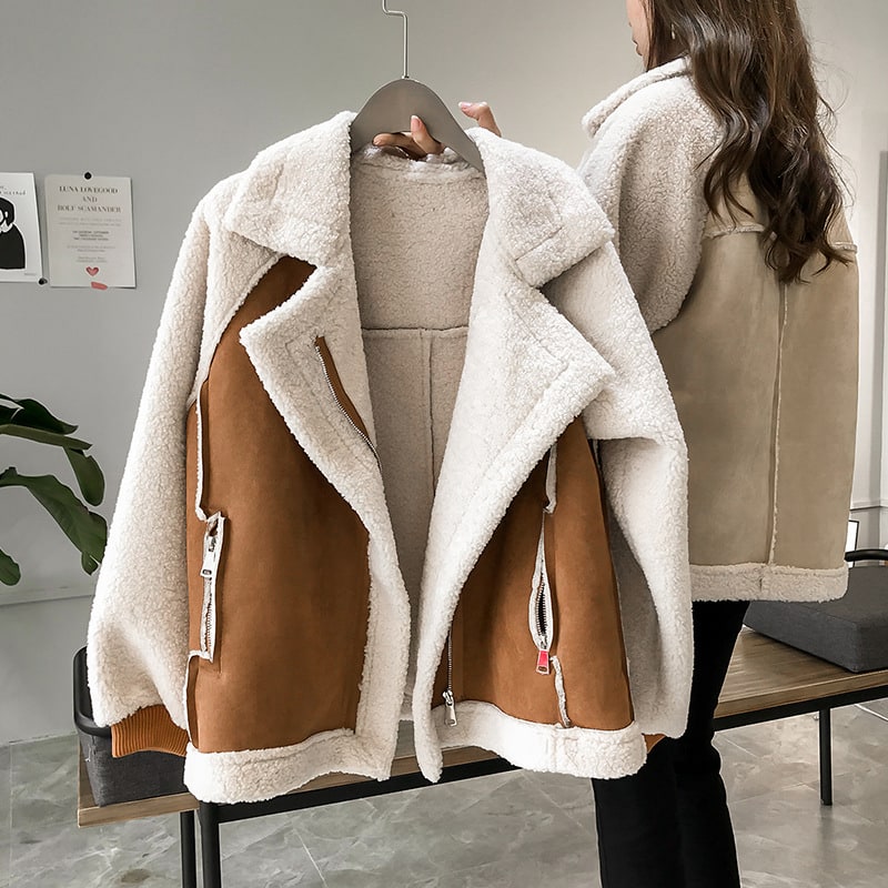 Women's Shearling Suede Aviator Jacket with Faux Leather and Oversized Fit - Image 4