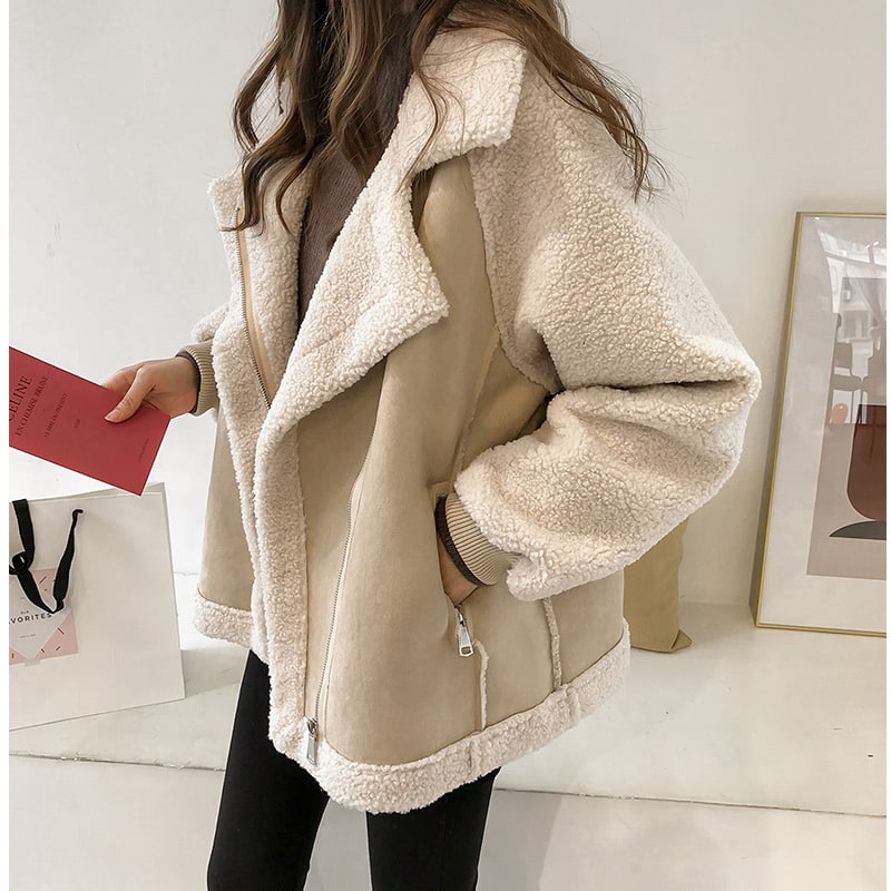 Women's Shearling Suede Aviator Jacket with Faux Leather and Oversized Fit - Image 5