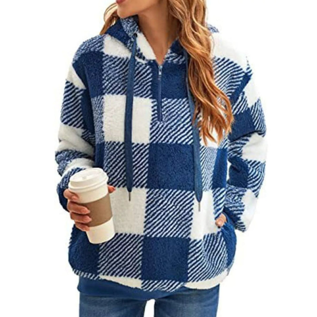 Women's Sherpa Fleece Half Zip Hoodie with Plaid Pattern and Kangaroo Pocket - Image 1