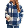 Women's Sherpa Fleece Half Zip Hoodie with Plaid Pattern and Kangaroo Pocket - Image 1
