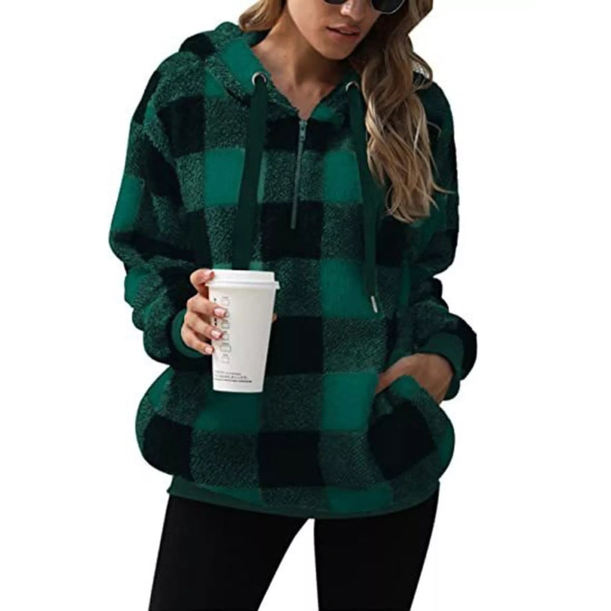 Women's Sherpa Fleece Half Zip Hoodie with Plaid Pattern and Kangaroo Pocket - Image 10