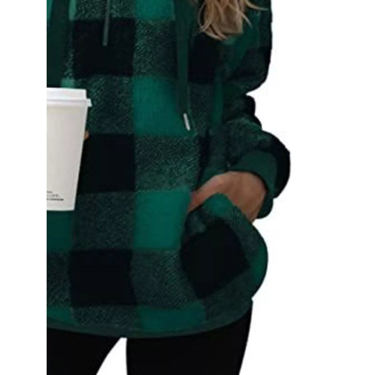 Women's Sherpa Fleece Half Zip Hoodie with Plaid Pattern and Kangaroo Pocket - Image 11