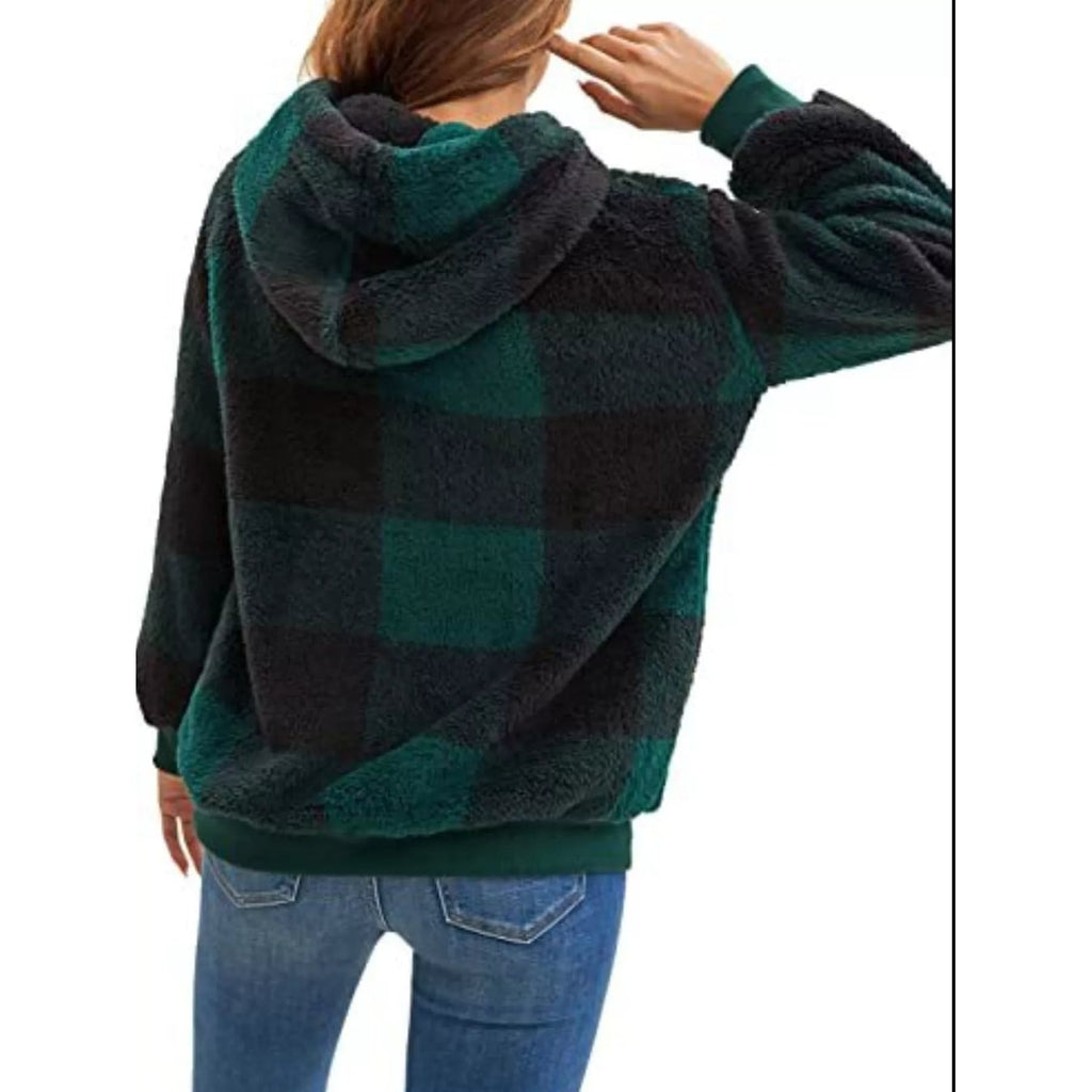 Women's Sherpa Fleece Half Zip Hoodie with Plaid Pattern and Kangaroo Pocket - Image 12