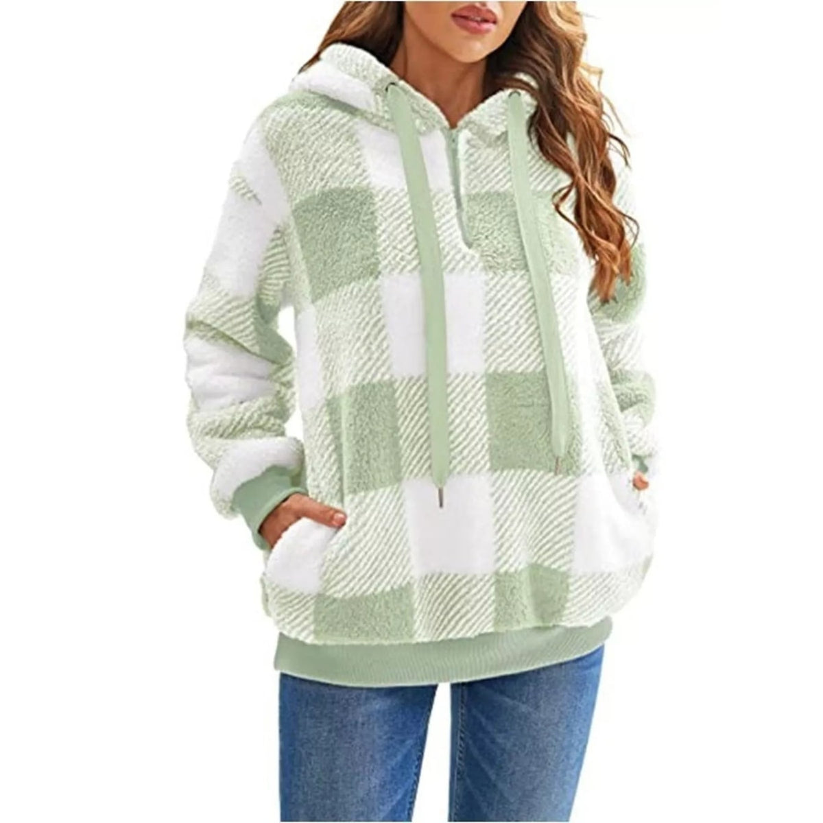 Women's Sherpa Fleece Half Zip Hoodie with Plaid Pattern and Kangaroo Pocket - Image 13