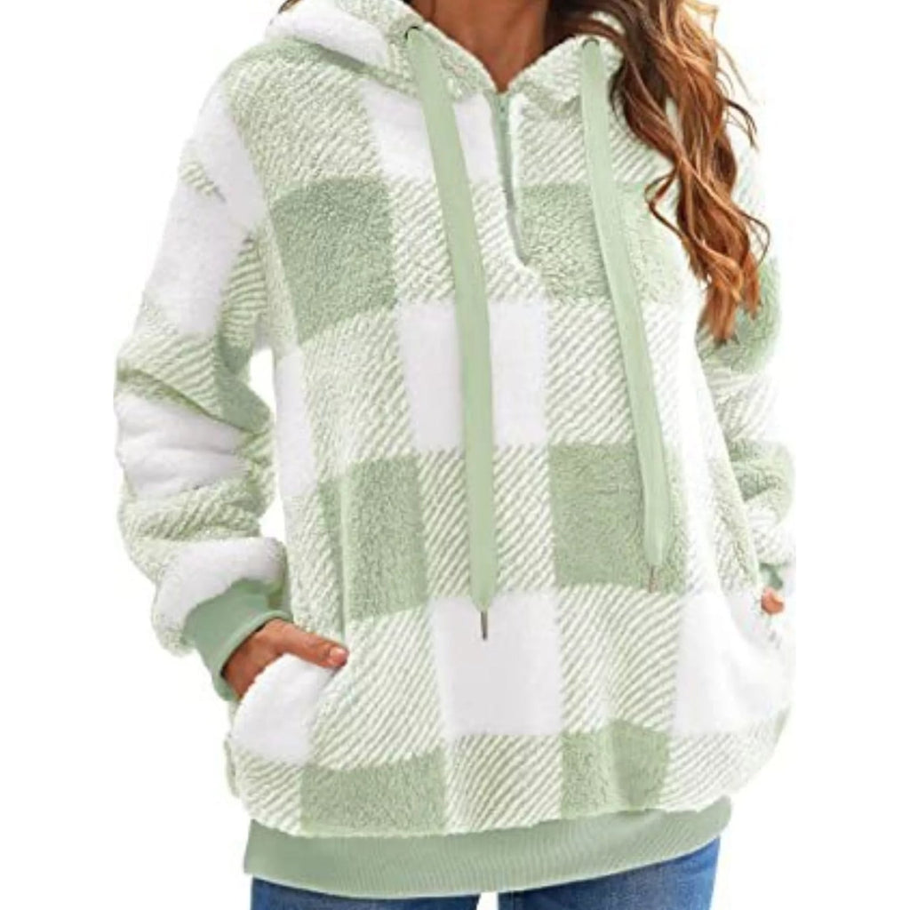 Women's Sherpa Fleece Half Zip Hoodie with Plaid Pattern and Kangaroo Pocket - Image 14