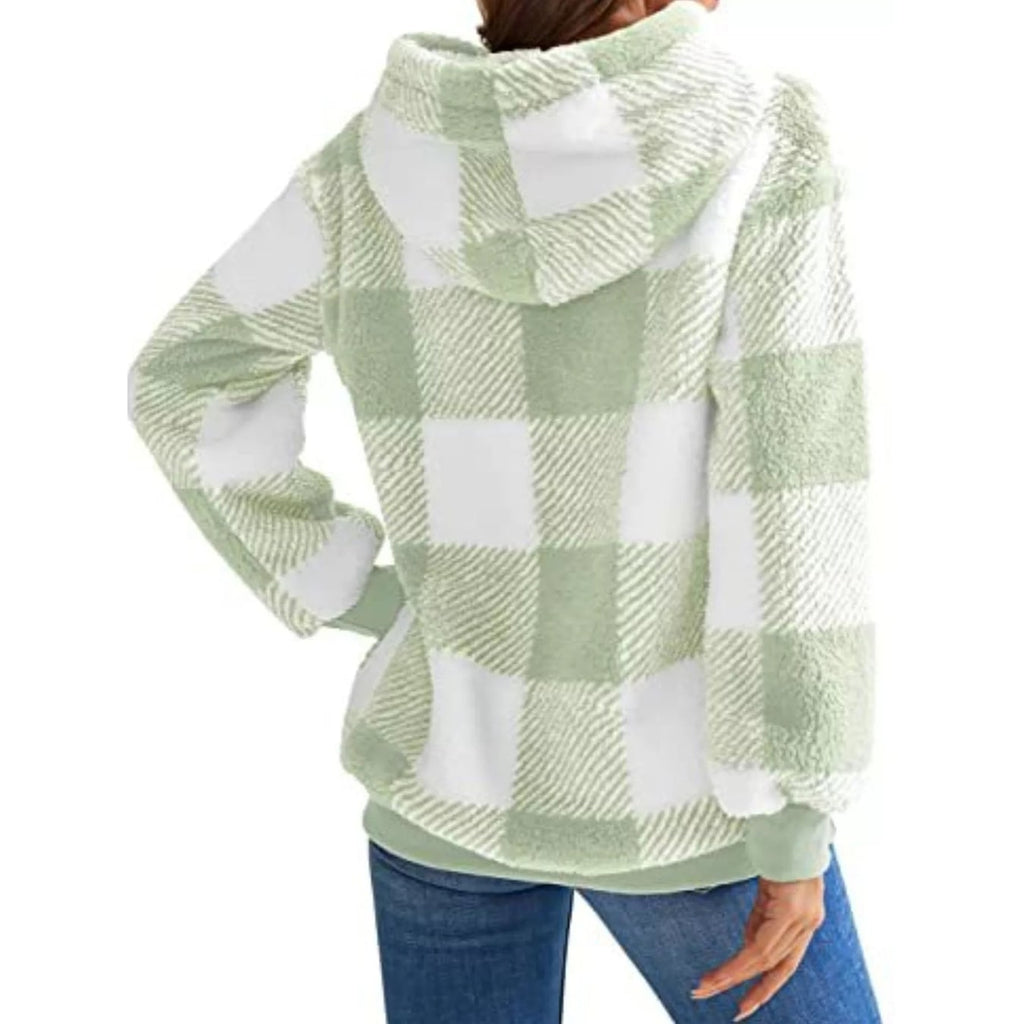 Women's Sherpa Fleece Half Zip Hoodie with Plaid Pattern and Kangaroo Pocket - Image 15