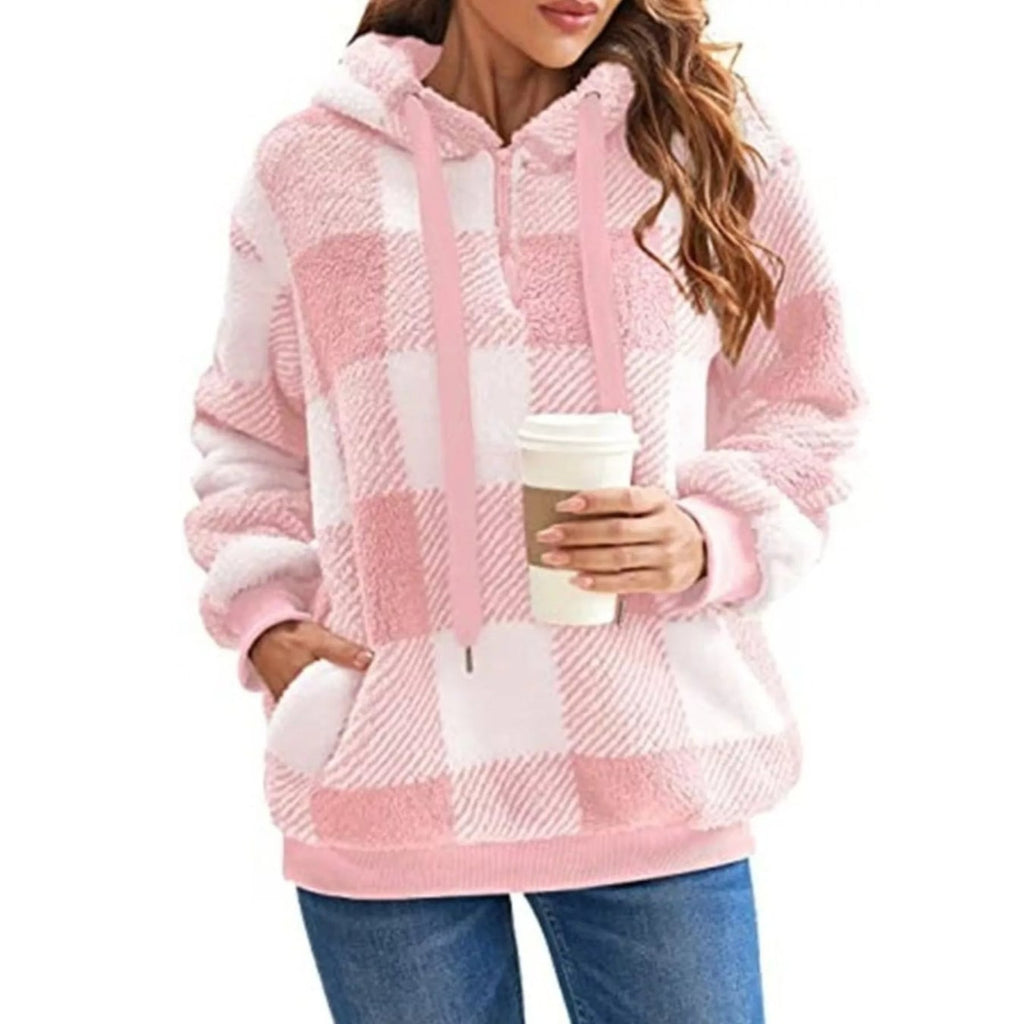 Women's Sherpa Fleece Half Zip Hoodie with Plaid Pattern and Kangaroo Pocket - Image 16