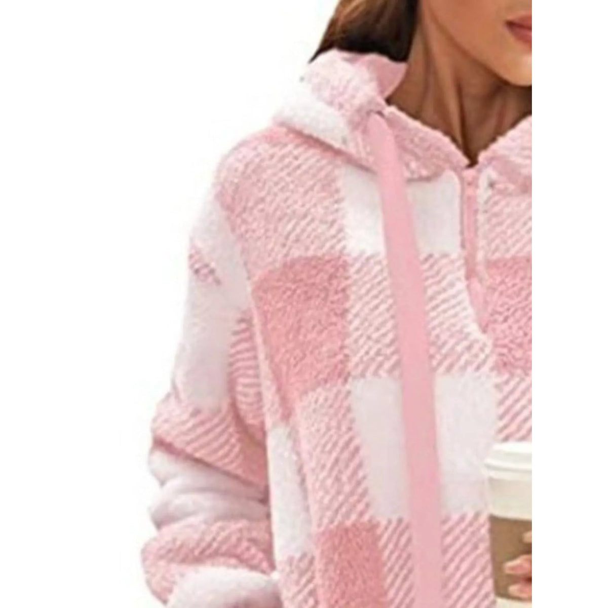 Women's Sherpa Fleece Half Zip Hoodie with Plaid Pattern and Kangaroo Pocket - Image 17