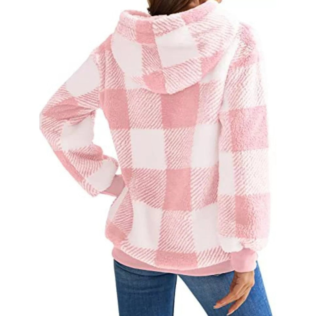 Women's Sherpa Fleece Half Zip Hoodie with Plaid Pattern and Kangaroo Pocket - Image 18