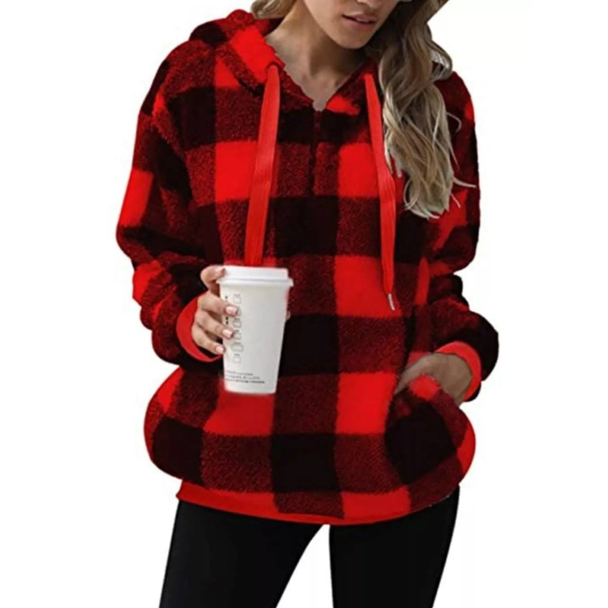 Women's Sherpa Fleece Half Zip Hoodie with Plaid Pattern and Kangaroo Pocket - Image 19