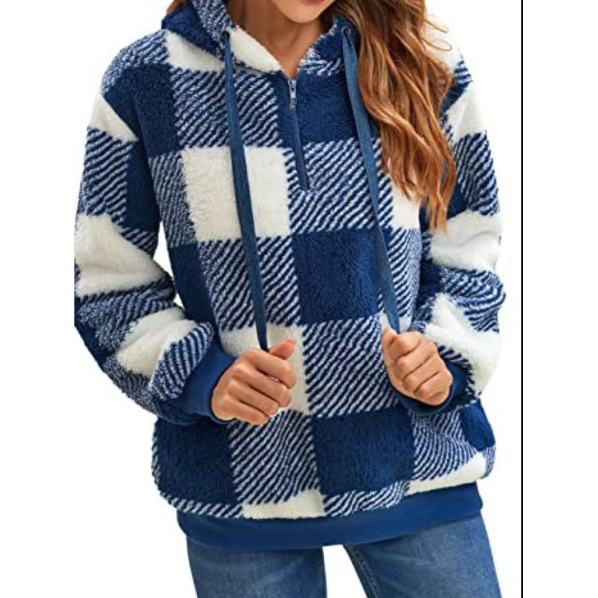 Women's Sherpa Fleece Half Zip Hoodie with Plaid Pattern and Kangaroo Pocket - Image 2