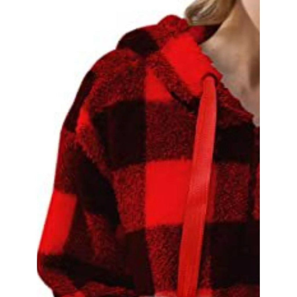 Women's Sherpa Fleece Half Zip Hoodie with Plaid Pattern and Kangaroo Pocket - Image 21